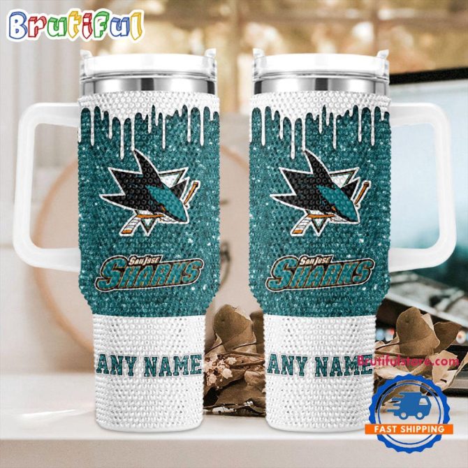 Rhinestone Bling San Jose Sharks Nhl Sports Custom Stanley Quencher 40Oz Stainless Steel Tumbler With Handle