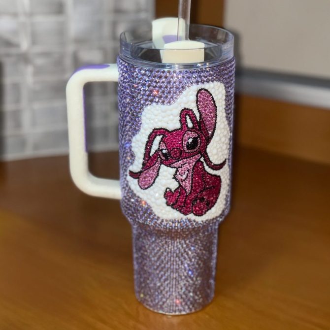 Rhinestone Bling Stitch Angel Cartoon Custom Stanley Quencher 40Oz Stainless Steel Tumbler With Handle