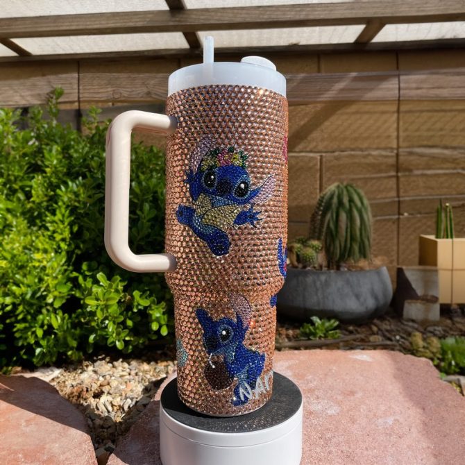 Rhinestone Bling Stitch Cartoon Custom Stanley Quencher 40Oz Stainless Steel Tumbler With Handle - Image 2