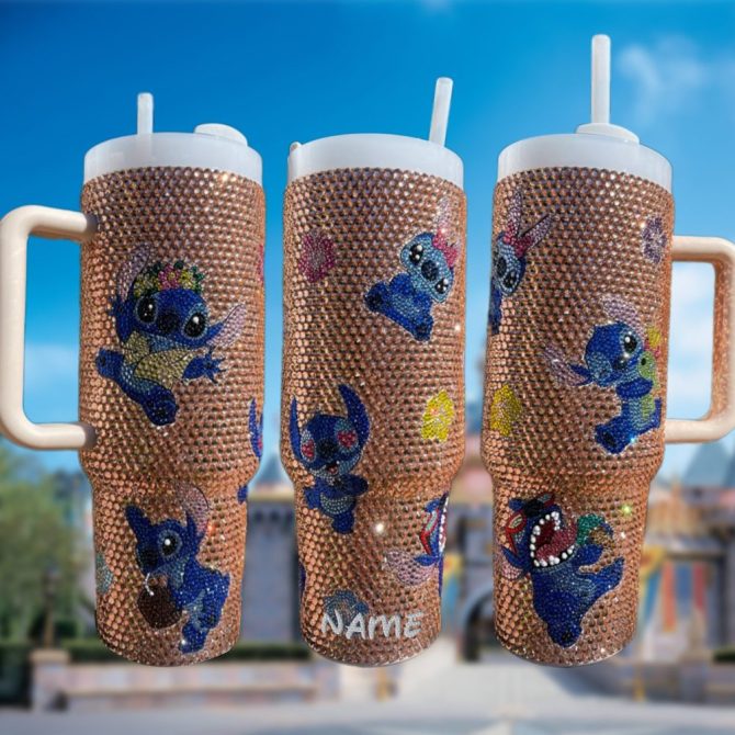Rhinestone Bling Stitch Cartoon Custom Stanley Quencher 40Oz Stainless Steel Tumbler With Handle