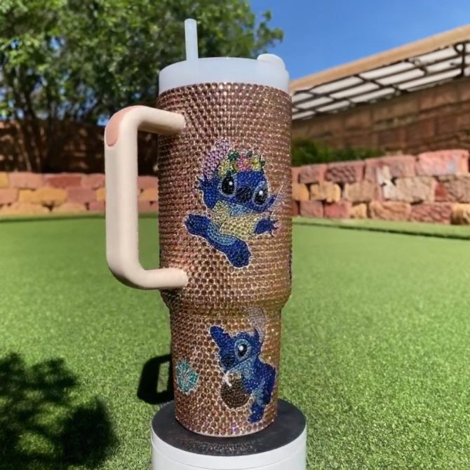 Rhinestone Bling Stitch Cartoon Custom Stanley Quencher 40Oz Stainless Steel Tumbler With Handle - Image 4