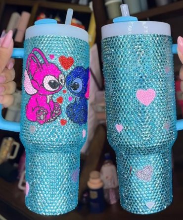 Rhinestone Bling Stitch Couple Cartoon Custom Stanley Quencher 40Oz Stainless Steel Tumbler With Handle