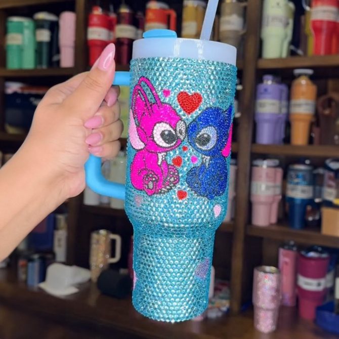 Rhinestone Bling Stitch Couple Cartoon Custom Stanley Quencher 40Oz Stainless Steel Tumbler With Handle - Image 3