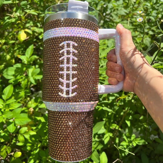 Rhinestone Bling Stitch Football Nfl Custom Stanley Quencher 40Oz Stainless Steel Tumbler With Handle - Image 3
