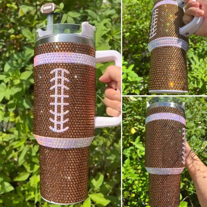 Rhinestone Bling Stitch Football Nfl Custom Stanley Quencher 40Oz Stainless Steel Tumbler With Handle