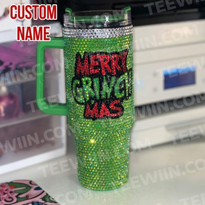 Rhinestone Bling The Grinch Christmas Cartoon Custom Stanley Quencher 40Oz Stainless Steel Tumbler With Handle - Image 3