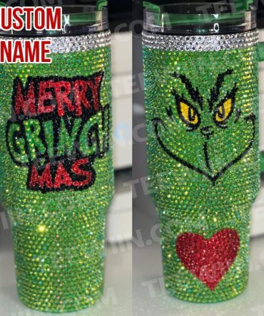 Rhinestone Bling The Grinch Christmas Cartoon Custom Stanley Quencher 40Oz Stainless Steel Tumbler With Handle
