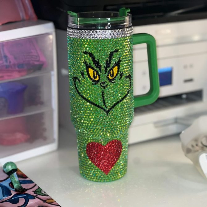 Rhinestone Bling The Grinch Christmas Cartoon Custom Stanley Quencher 40Oz Stainless Steel Tumbler With Handle - Image 5