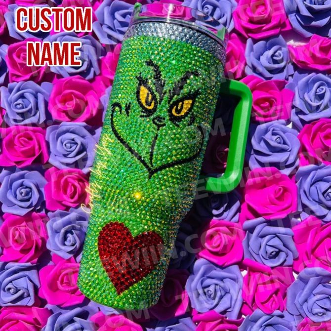 Rhinestone Bling The Grinch Christmas Cartoon Custom Stanley Quencher 40Oz Stainless Steel Tumbler With Handle - Image 4