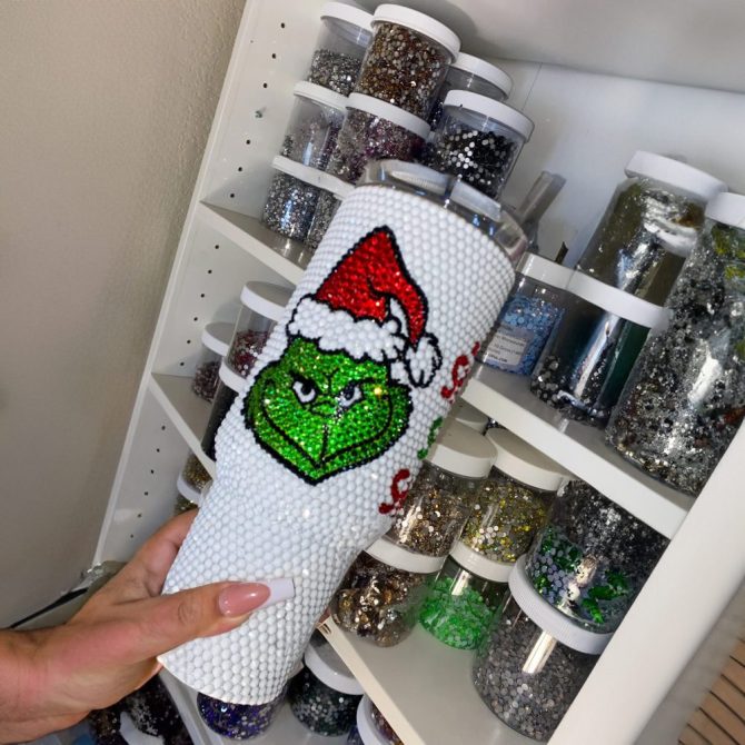 Rhinestone Bling The Grinch Christmas Cartoon Custom Stanley Quencher 40Oz Stainless Steel Tumbler With Handle - Image 5