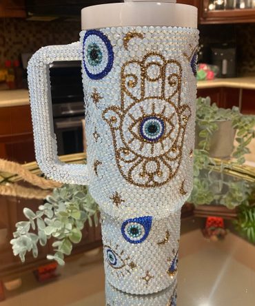 Rhinestone Bling White Opal Evil Eye Custom Stanley Quencher 40Oz Stainless Steel Tumbler With Handle