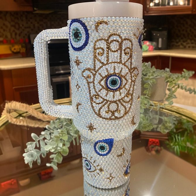 Rhinestone Bling White Opal Evil Eye Custom Stanley Quencher 40Oz Stainless Steel Tumbler With Handle