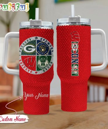 Rhinestone Bling Wisconsin Sport Logo Team Custom Stanley Quencher 40Oz Stainless Steel Tumbler With Handle