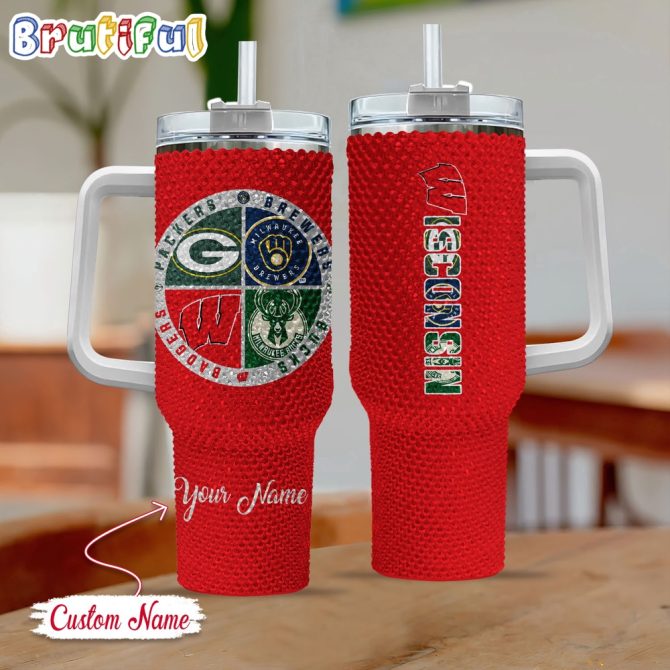 Rhinestone Bling Wisconsin Sport Logo Team Custom Stanley Quencher 40Oz Stainless Steel Tumbler With Handle
