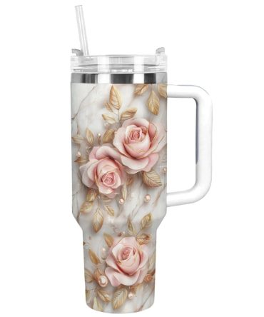Rose Flower Custom Stanley Quencher 40Oz Stainless Steel Tumbler With Handle