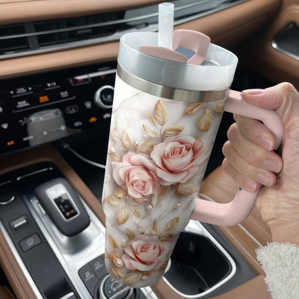 Rose Flower Custom Stanley Quencher 40Oz Stainless Steel Tumbler With Handle - Image 3