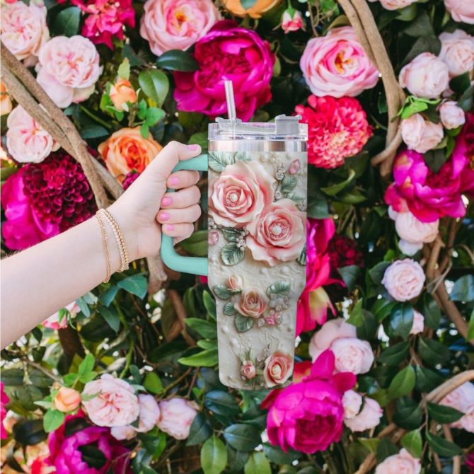 Rose Flower Custom Stanley Quencher 40Oz Stainless Steel Tumbler With Handle - Image 2