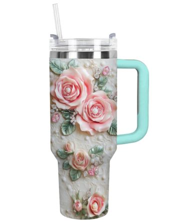 Rose Flower Custom Stanley Quencher 40Oz Stainless Steel Tumbler With Handle