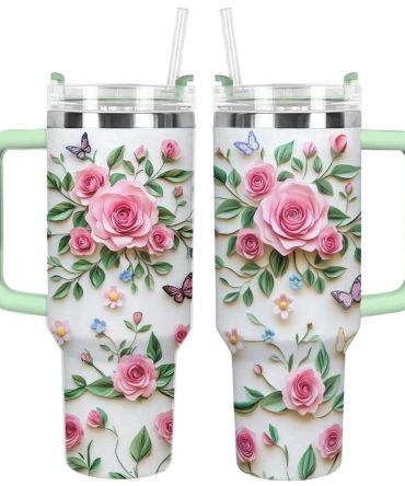 Rose Flower Custom Stanley Quencher 40Oz Stainless Steel Tumbler With Handle