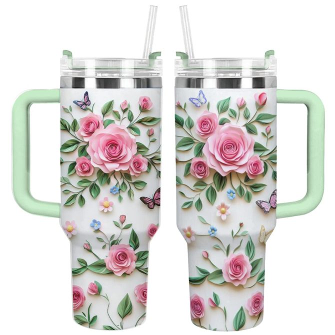 Rose Flower Custom Stanley Quencher 40Oz Stainless Steel Tumbler With Handle