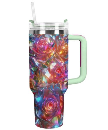 Rose Flower Custom Stanley Quencher 40Oz Stainless Steel Tumbler With Handle