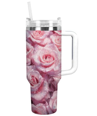 Rose Flower Custom Stanley Quencher 40Oz Stainless Steel Tumbler With Handle