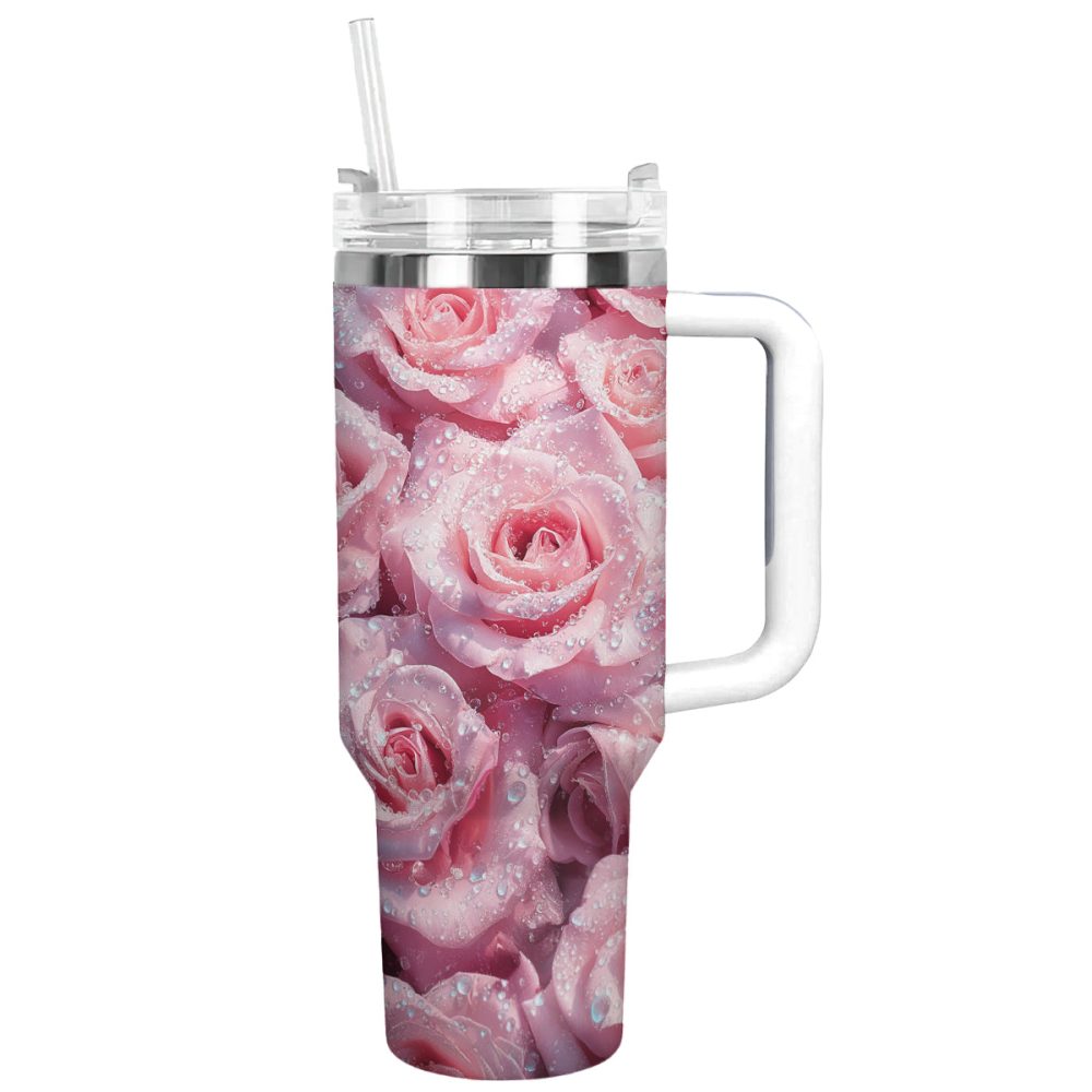 Rose Flower Custom Stanley Quencher 40Oz Stainless Steel Tumbler With Handle