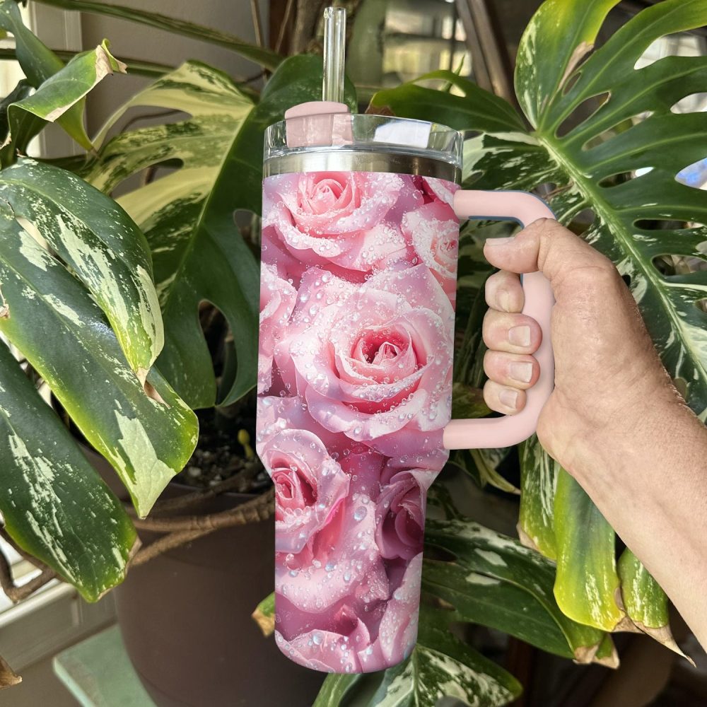Rose Flower Custom Stanley Quencher 40Oz Stainless Steel Tumbler With Handle - Image 2