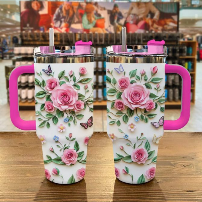 Rose Flower Custom Stanley Quencher 40Oz Stainless Steel Tumbler With Handle - Image 2