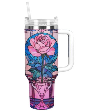 Rose Flower Custom Stanley Quencher 40Oz Stainless Steel Tumbler With Handle