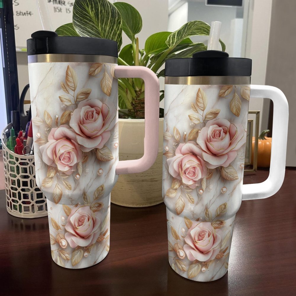 Rose Flower Custom Stanley Quencher 40Oz Stainless Steel Tumbler With Handle - Image 4