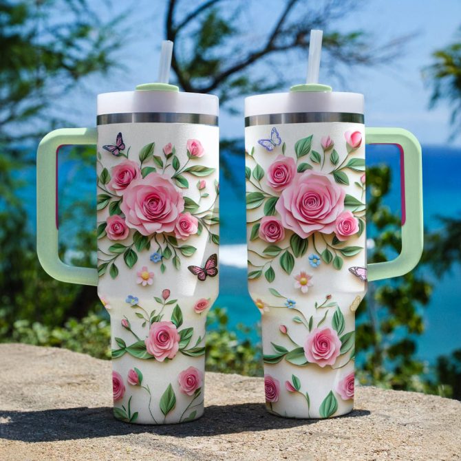 Rose Flower Custom Stanley Quencher 40Oz Stainless Steel Tumbler With Handle - Image 3