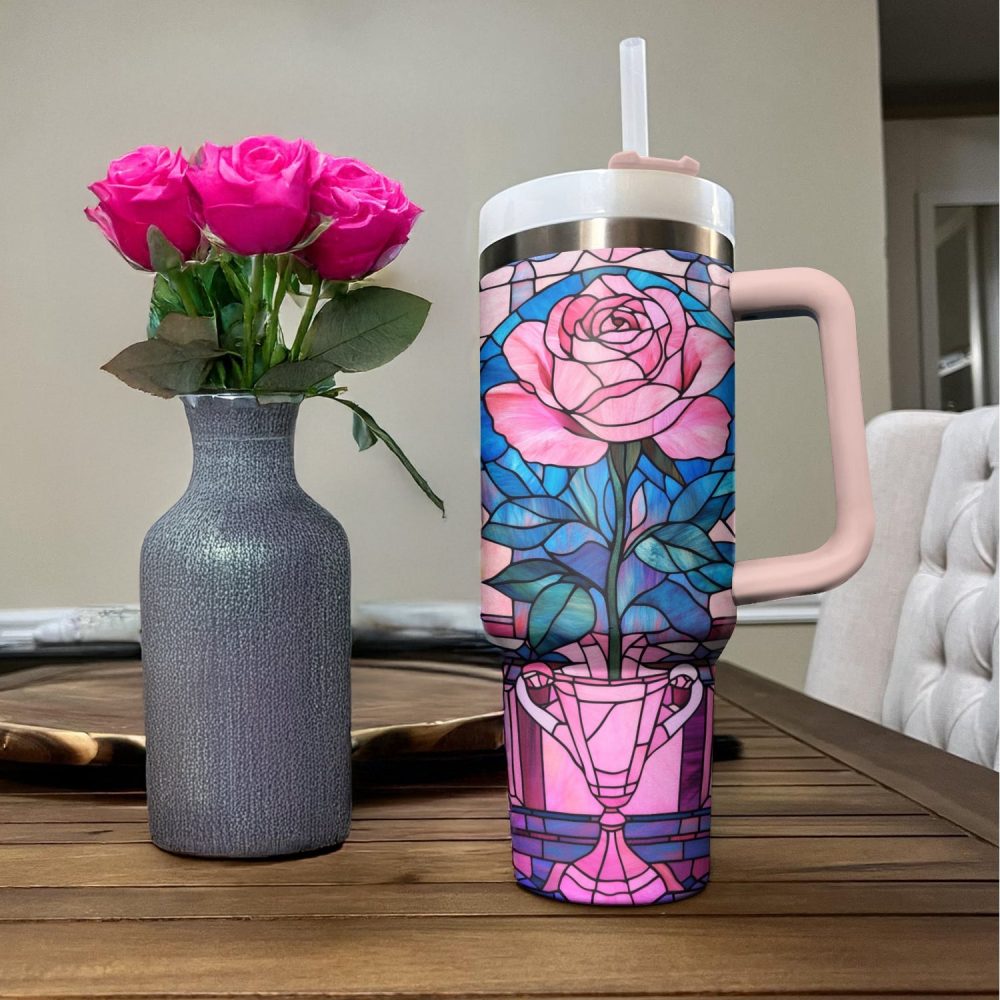 Rose Flower Custom Stanley Quencher 40Oz Stainless Steel Tumbler With Handle - Image 3