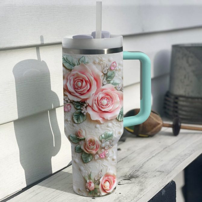 Rose Flower Custom Stanley Quencher 40Oz Stainless Steel Tumbler With Handle - Image 3