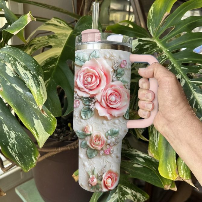 Rose Flower Custom Stanley Quencher 40Oz Stainless Steel Tumbler With Handle - Image 4