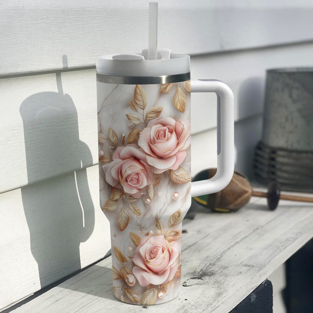 Rose Flower Custom Stanley Quencher 40Oz Stainless Steel Tumbler With Handle - Image 2