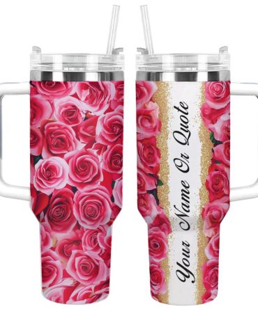 Rose Flower Custom Stanley Quencher 40Oz Stainless Steel Tumbler With Handle