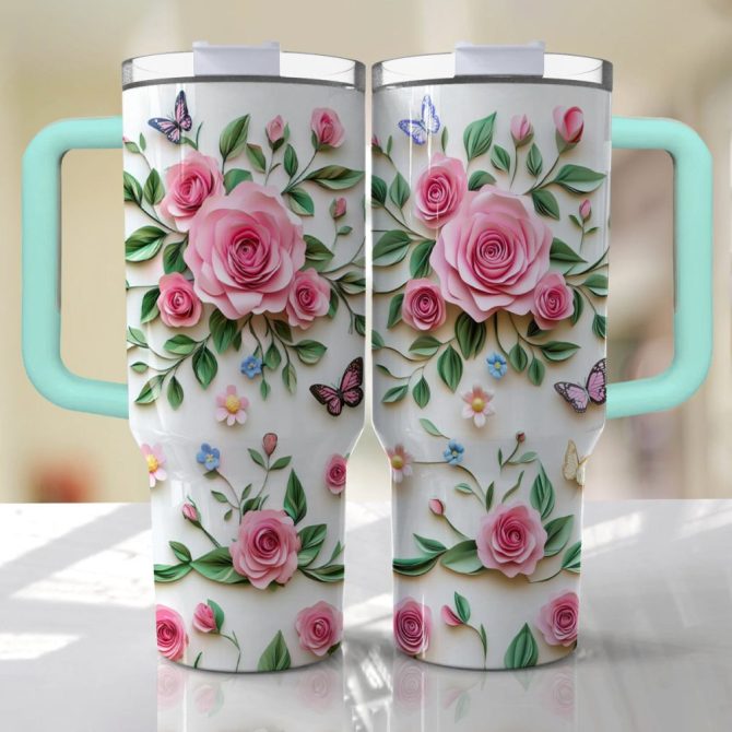 Rose Flower Custom Stanley Quencher 40Oz Stainless Steel Tumbler With Handle - Image 4