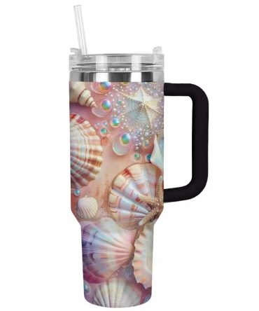 Seashell Custom Stanley Quencher 40Oz Stainless Steel Tumbler With Handle