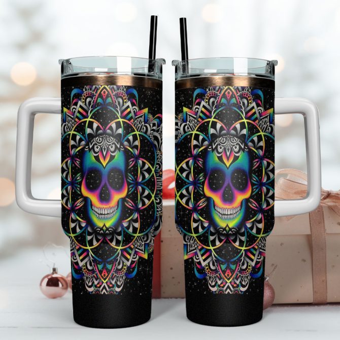 Skull Colorful Custom Stanley Quencher 40Oz Stainless Steel Tumbler With Handle - Image 4
