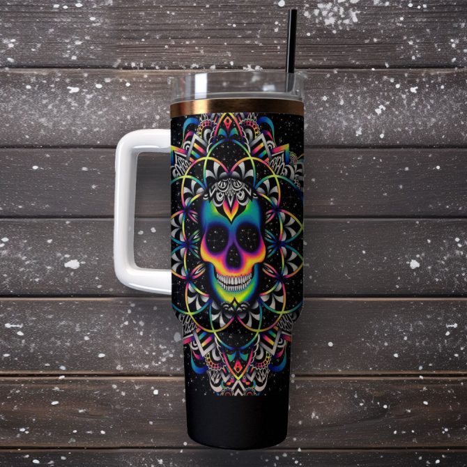 Skull Colorful Custom Stanley Quencher 40Oz Stainless Steel Tumbler With Handle - Image 2