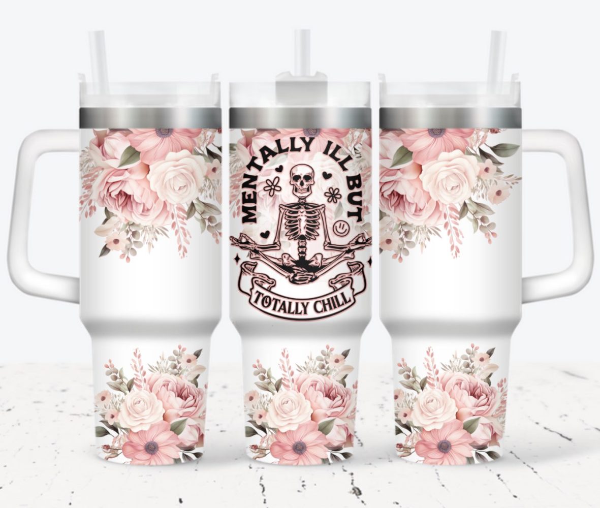 Skull Flower Custom Stanley Quencher 40Oz Stainless Steel Tumbler With Handle