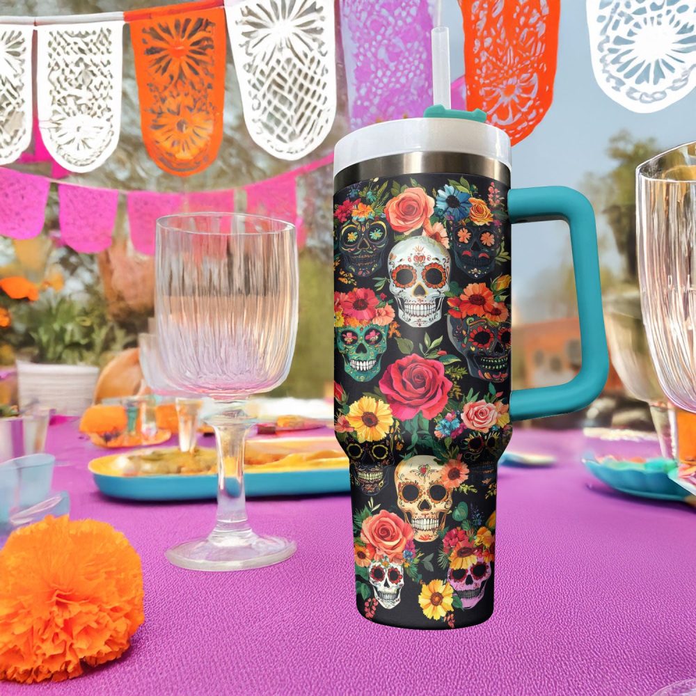 Skull With Flower Custom Stanley Quencher 40Oz Stainless Steel Tumbler With Handle - Image 3