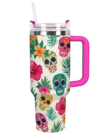 Skull With Flower Custom Stanley Quencher 40Oz Stainless Steel Tumbler With Handle