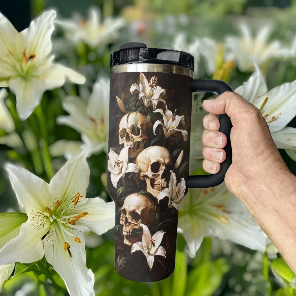 Skull With Flower Custom Stanley Quencher 40Oz Stainless Steel Tumbler With Handle - Image 3