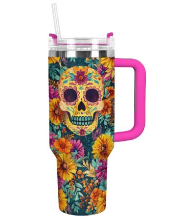 Skull With Flower Custom Stanley Quencher 40Oz Stainless Steel Tumbler With Handle