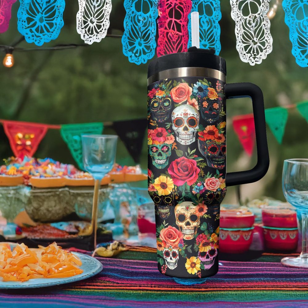 Skull With Flower Custom Stanley Quencher 40Oz Stainless Steel Tumbler With Handle - Image 4