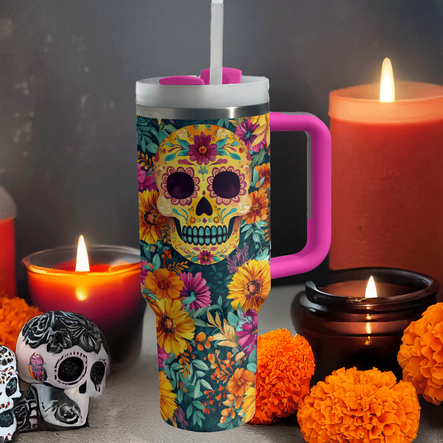 Skull With Flower Custom Stanley Quencher 40Oz Stainless Steel Tumbler With Handle - Image 3