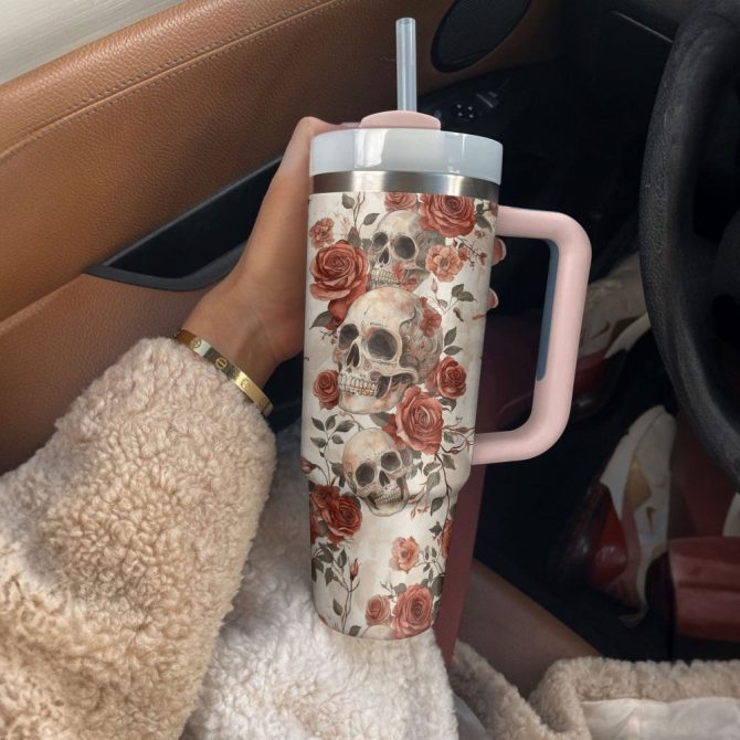 Skull With Flower Custom Stanley Quencher 40Oz Stainless Steel Tumbler With Handle - Image 3