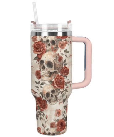 Skull With Flower Custom Stanley Quencher 40Oz Stainless Steel Tumbler With Handle
